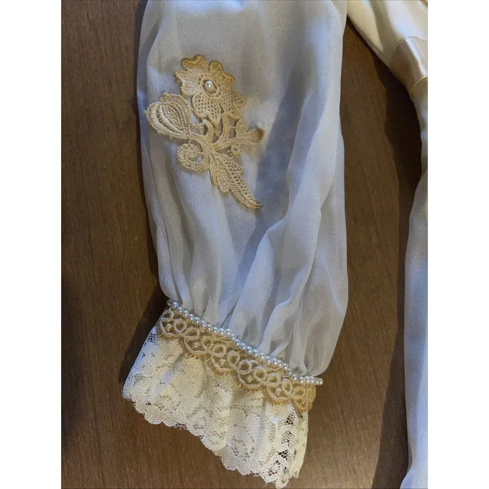 Handmade Vintage Dress Girls‎ 10 Yellowing Cottage Core Lace Wedding Pearls